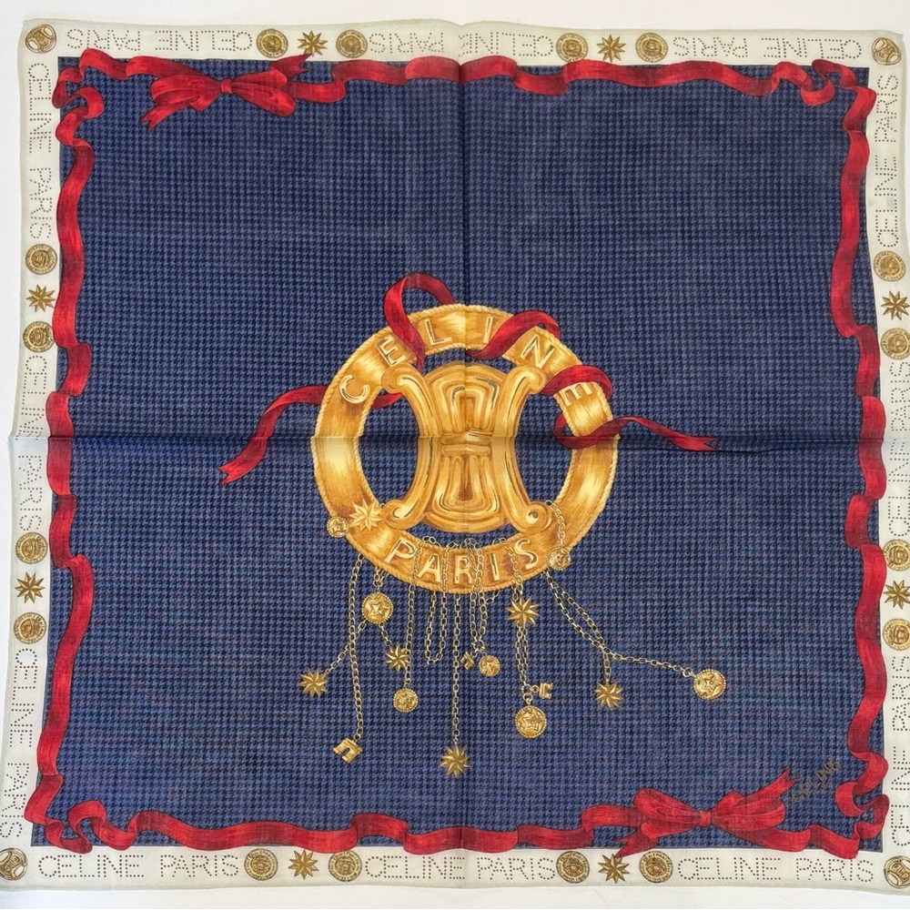 Celine Vintage Handkerchief Mini Scarf Art Logo Cotton Pocket Square 18.5”